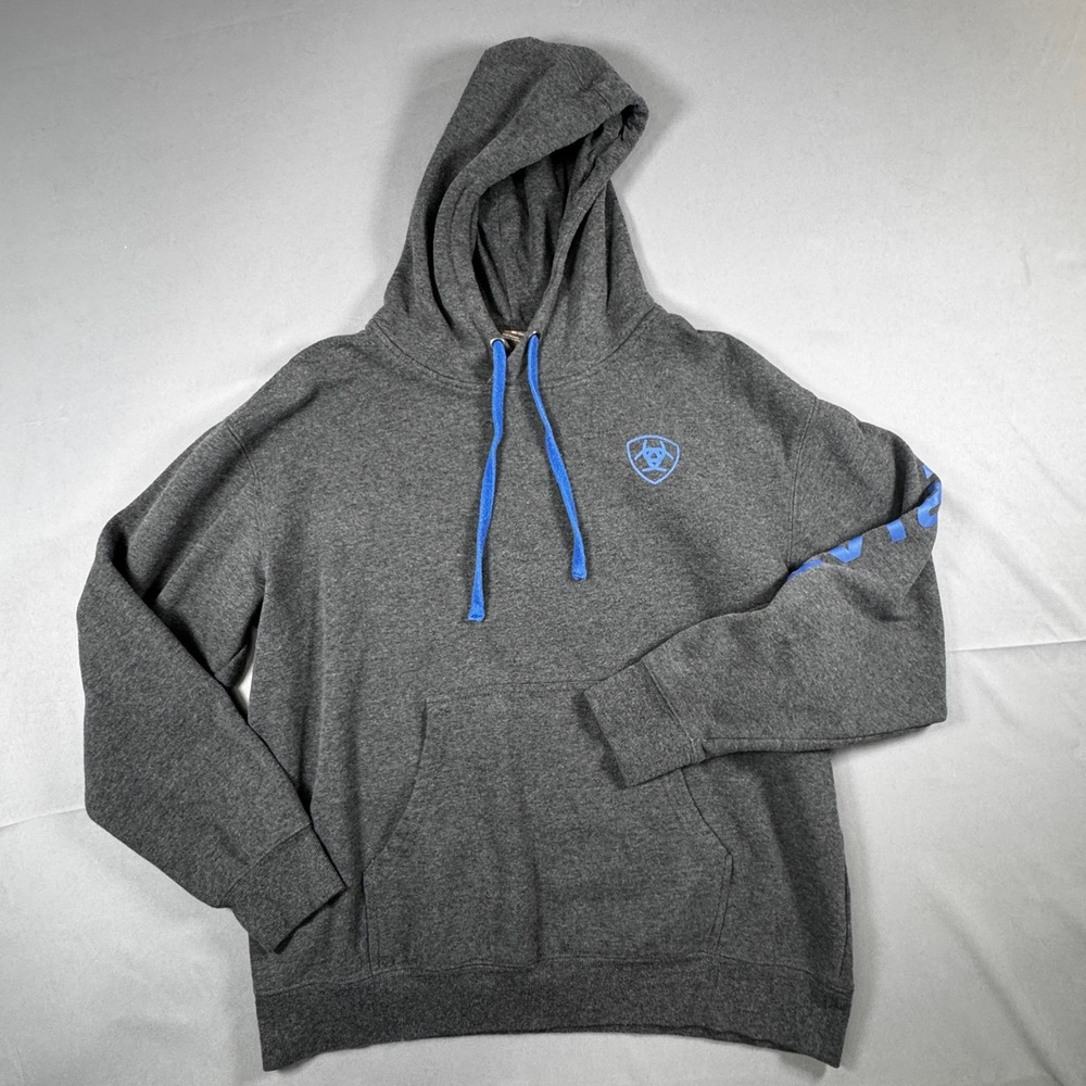 Ariat Mens L Charcoal Gray Pullover Hoodie Blue Sleeve Logo Sweatshirt Western